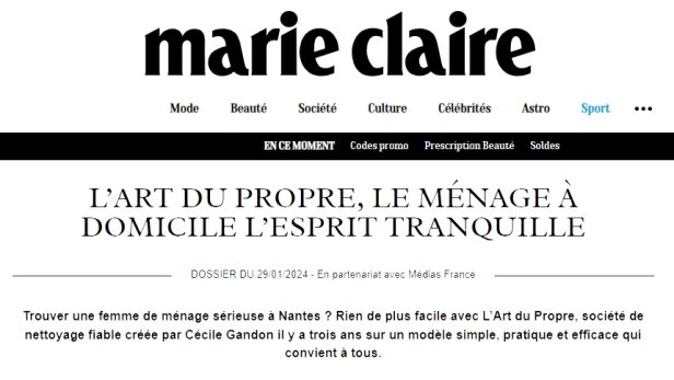 Visuel revue de presse Marie Claire - Article Art du Propre